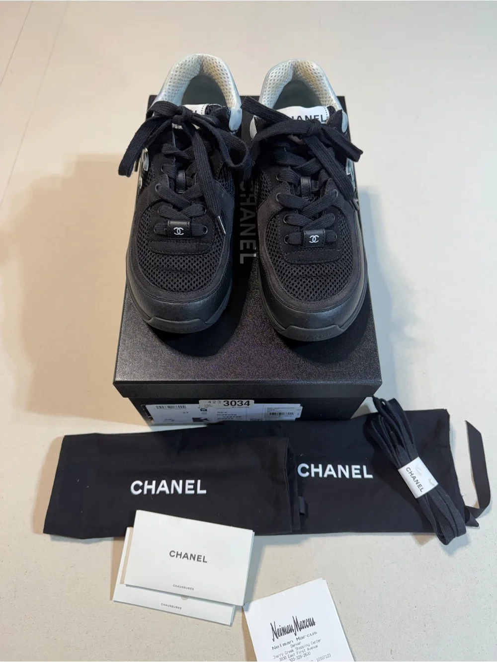 CHANEL Black Mesh & Leather Low-Top Sneakers
